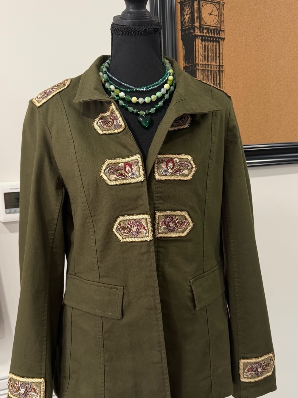 Chico's Olive Green Military-Style Jacket with Embroidered Appliqués